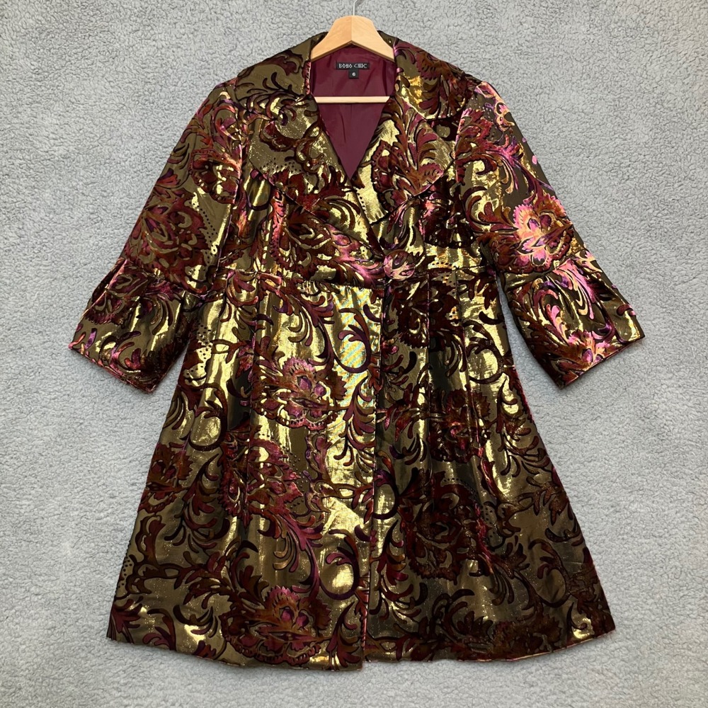 VTG Boho Chic Burnout Velvet 100% Silk Swing Coat 6 Gold‎ Purple Glam Whimsigoth